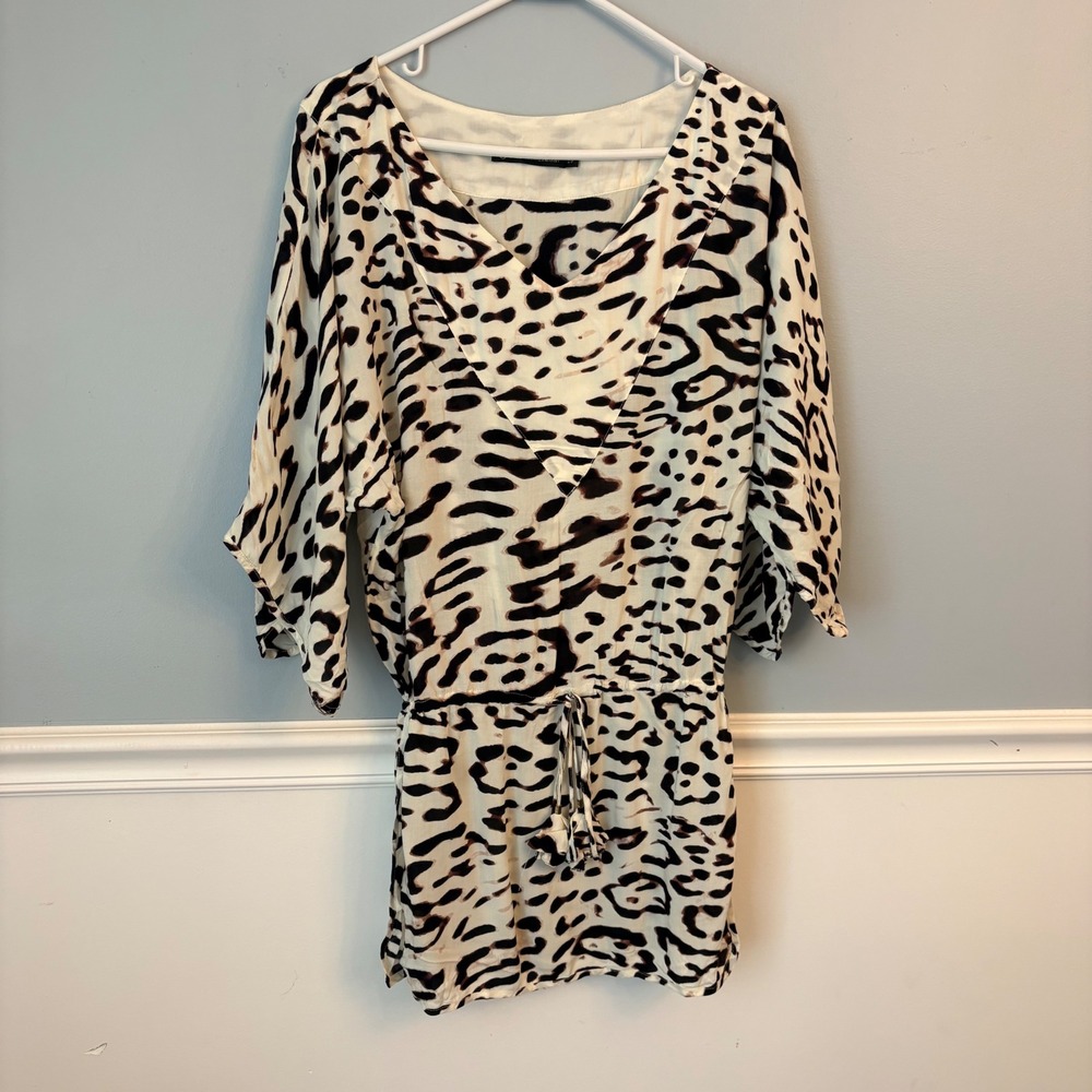 ViX Paula Hermanny Leopard Print Tunic Beach Cover Up Kimono Sleeve Small